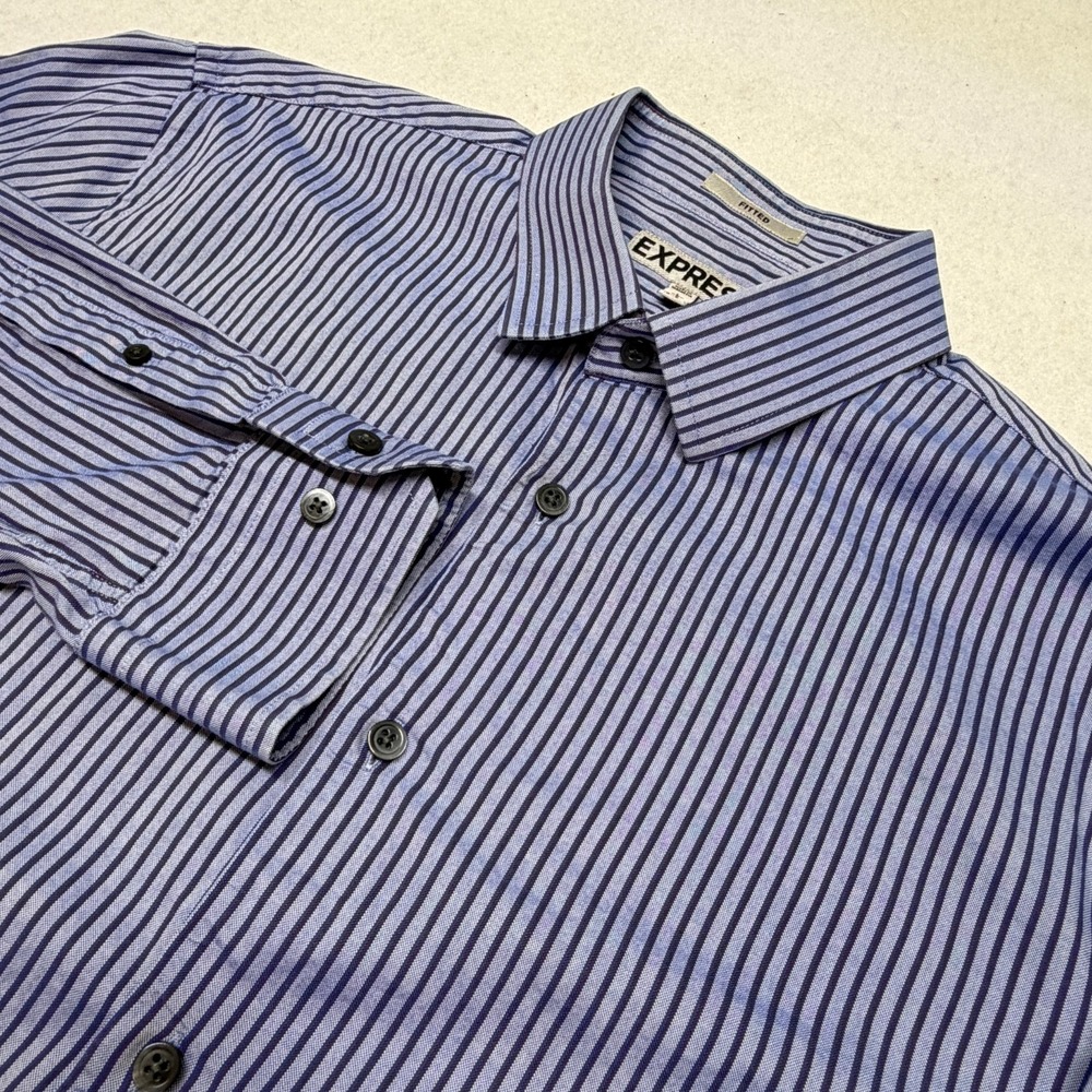 Express Shirt Mens Large Green Blue Striped Long Sleeve Button Down‎ Fitted